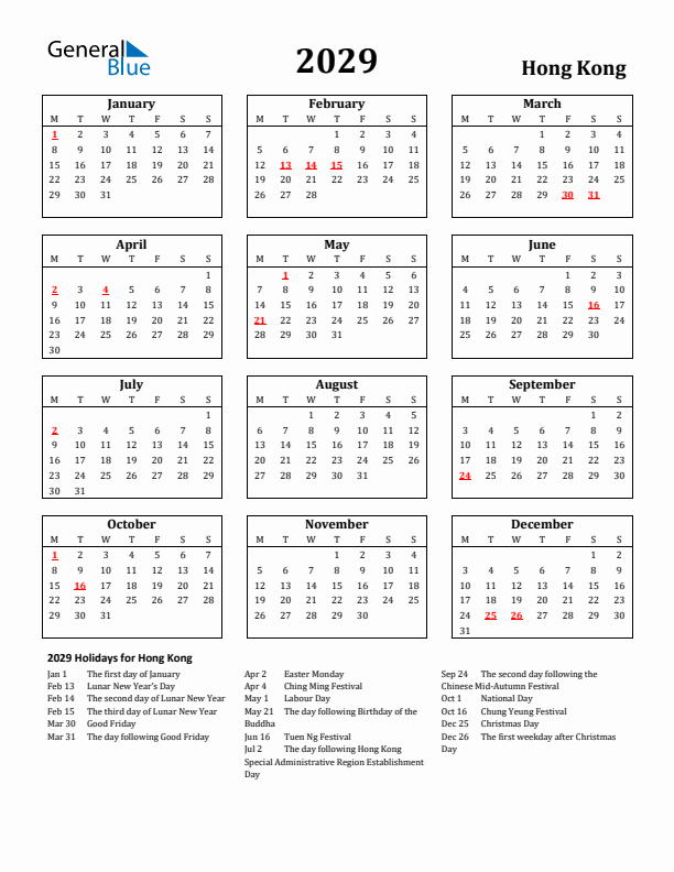 2029 Hong Kong Holiday Calendar - Monday Start
