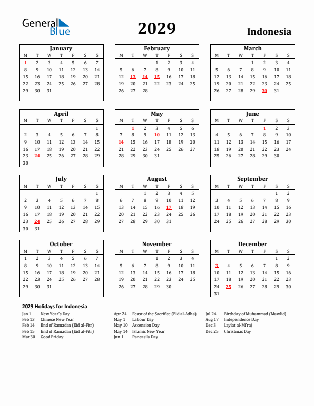 2029 Indonesia Holiday Calendar - Monday Start