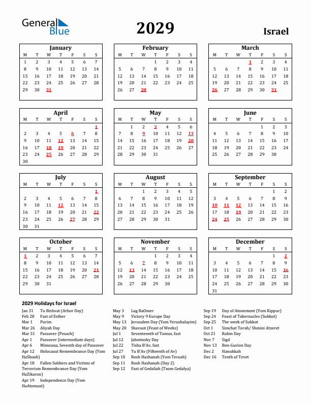 2029 Israel Holiday Calendar - Monday Start