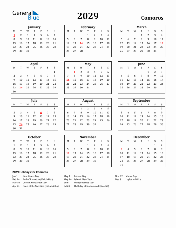 2029 Comoros Holiday Calendar - Monday Start
