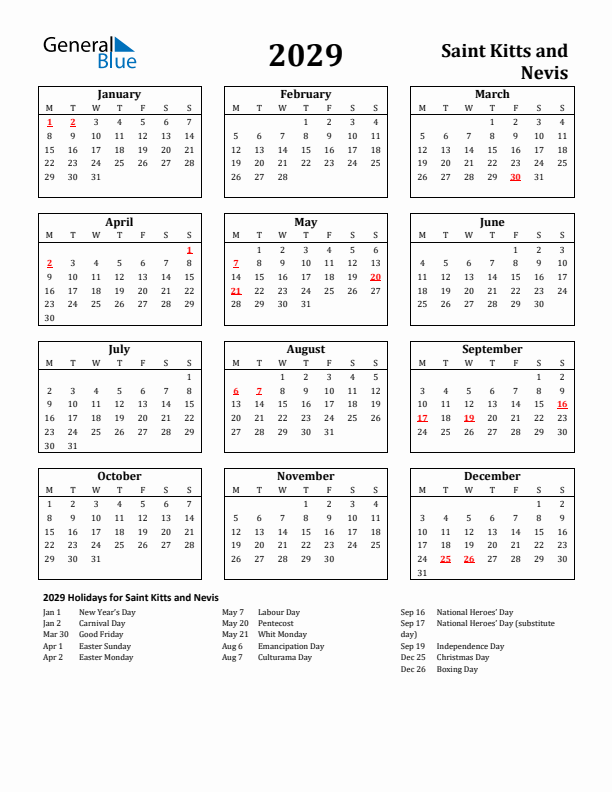 2029 Saint Kitts and Nevis Holiday Calendar - Monday Start