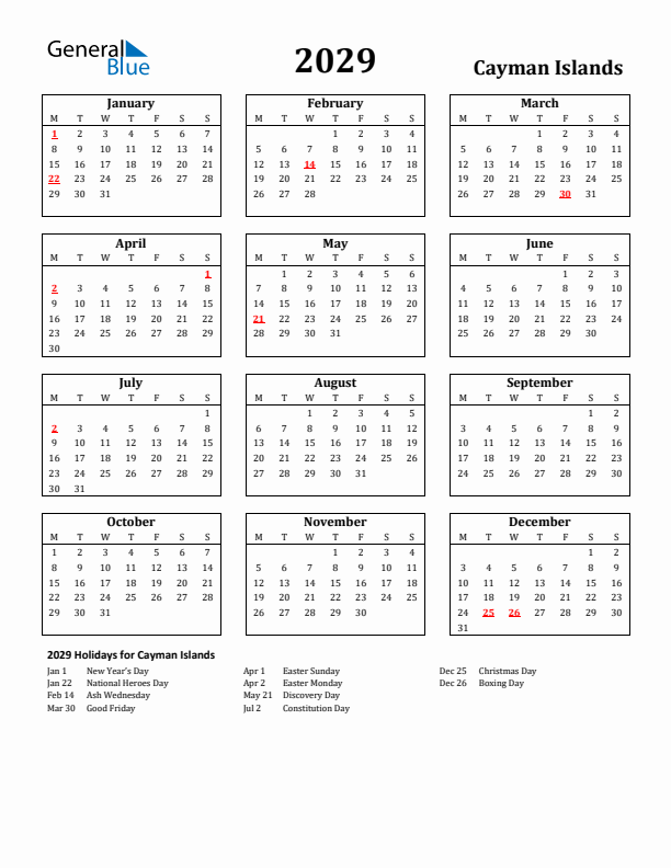 2029 Cayman Islands Holiday Calendar - Monday Start