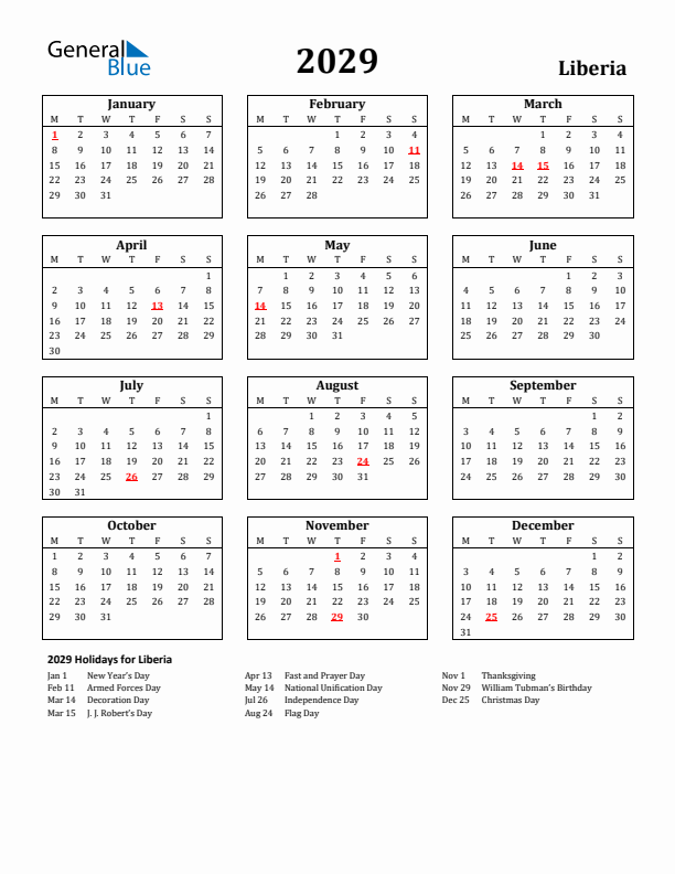2029 Liberia Holiday Calendar - Monday Start