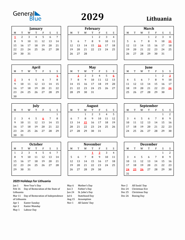 2029 Lithuania Holiday Calendar - Monday Start