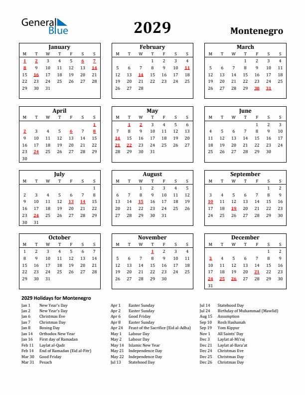 2029 Montenegro Holiday Calendar - Monday Start