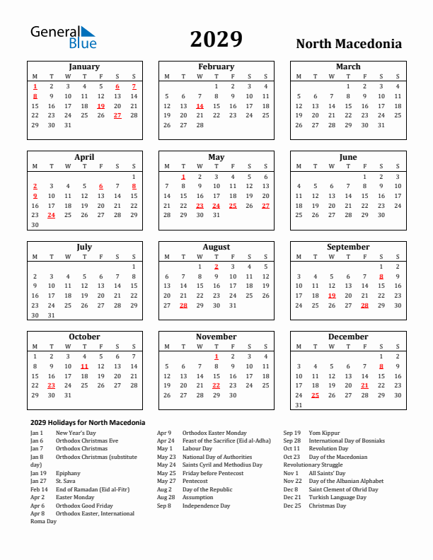 2029 North Macedonia Holiday Calendar - Monday Start