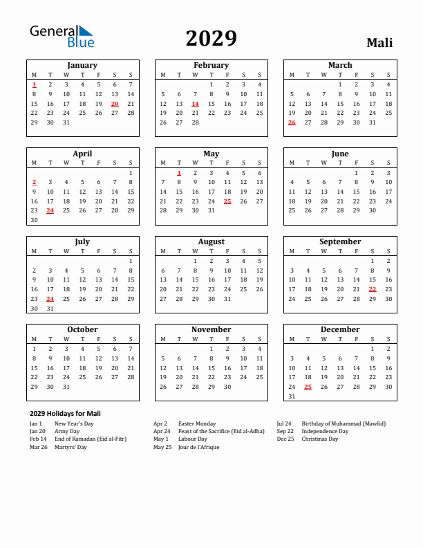 2029 Mali Holiday Calendar - Monday Start
