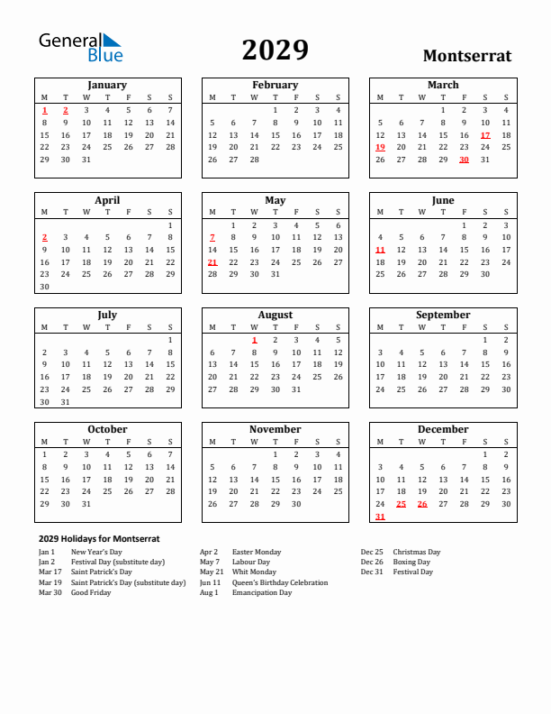 2029 Montserrat Holiday Calendar - Monday Start