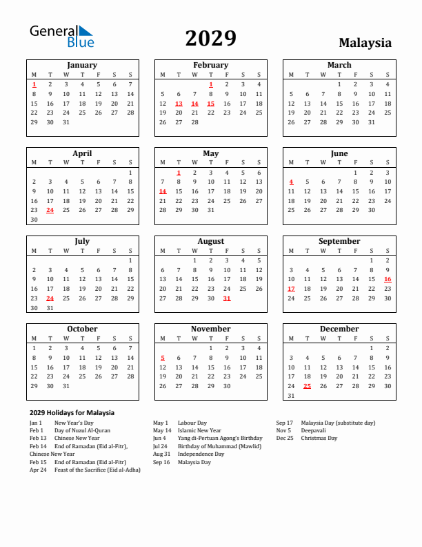 2029 Malaysia Holiday Calendar - Monday Start