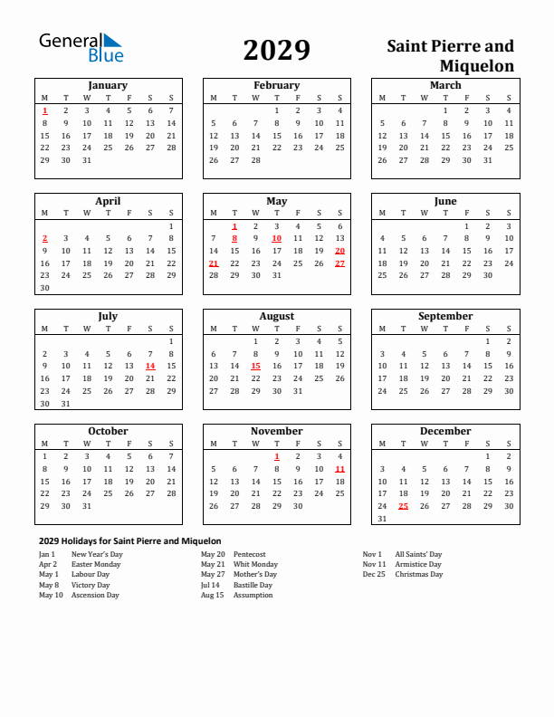 2029 Saint Pierre and Miquelon Holiday Calendar - Monday Start