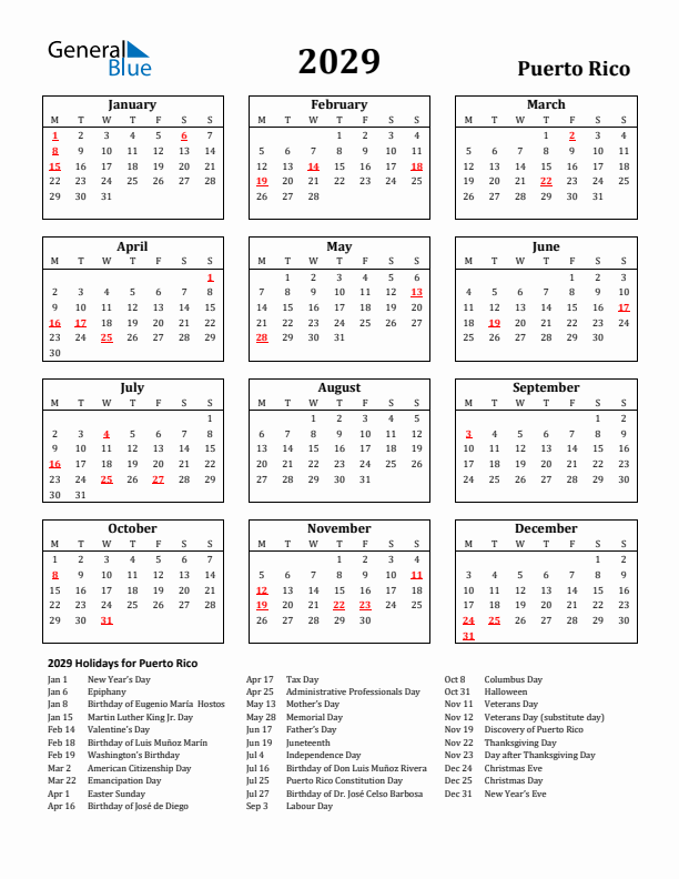 2029 Puerto Rico Holiday Calendar - Monday Start
