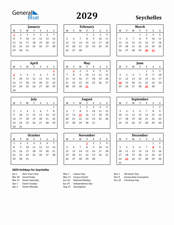 2029 Seychelles Holiday Calendar - Monday Start