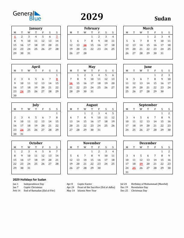 2029 Sudan Holiday Calendar - Monday Start