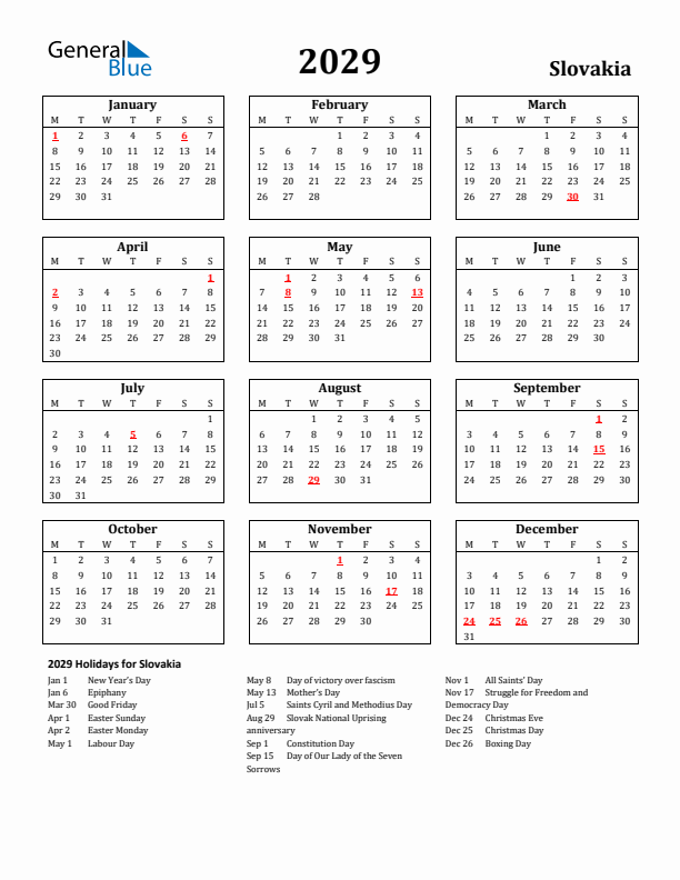 2029 Slovakia Holiday Calendar - Monday Start