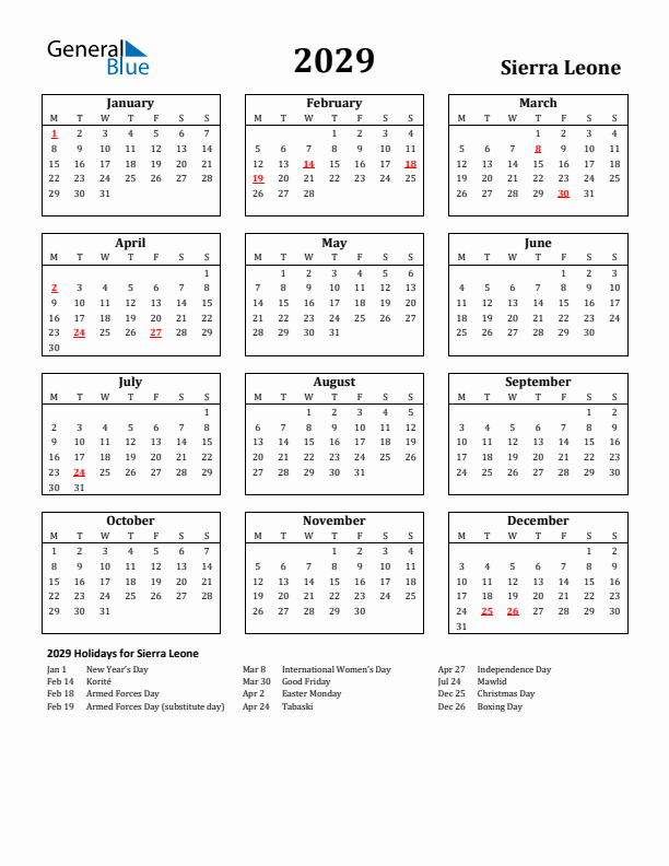 2029 Sierra Leone Holiday Calendar - Monday Start