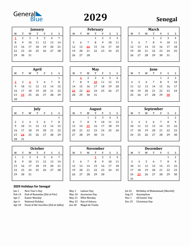 2029 Senegal Holiday Calendar - Monday Start