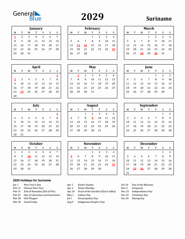 2029 Suriname Holiday Calendar - Monday Start