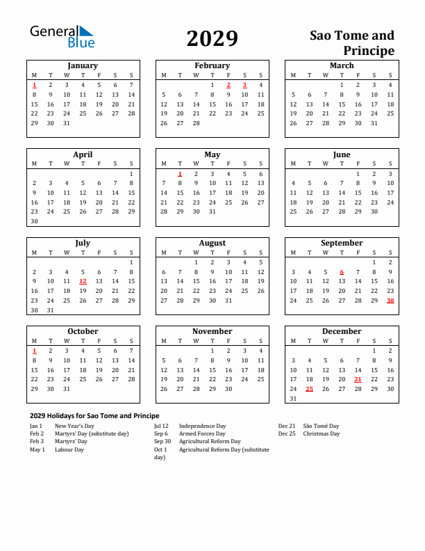 2029 Sao Tome and Principe Holiday Calendar - Monday Start