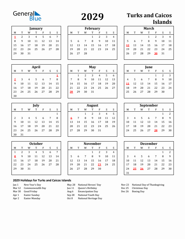 2029 Turks and Caicos Islands Holiday Calendar - Monday Start