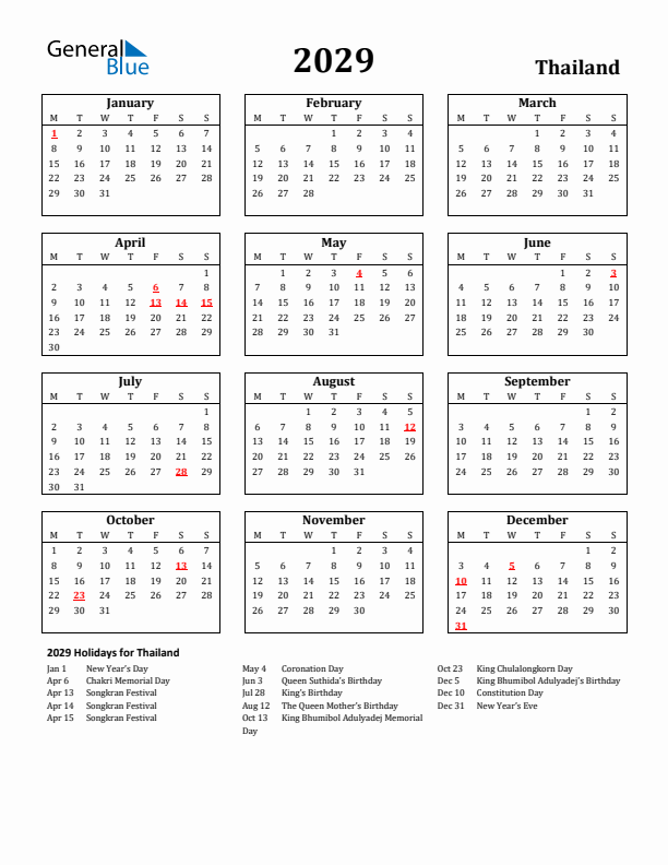 2029 Thailand Holiday Calendar - Monday Start