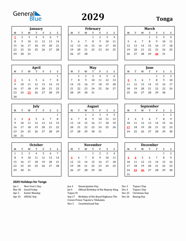2029 Tonga Holiday Calendar - Monday Start