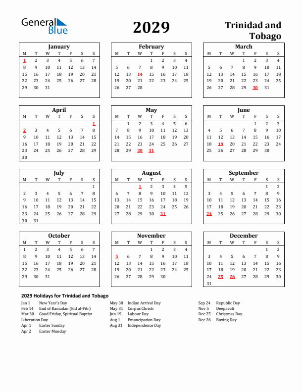 2029 Trinidad and Tobago Holiday Calendar - Monday Start