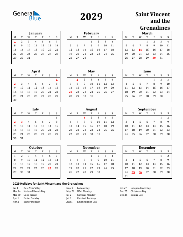 2029 Saint Vincent and the Grenadines Holiday Calendar - Monday Start