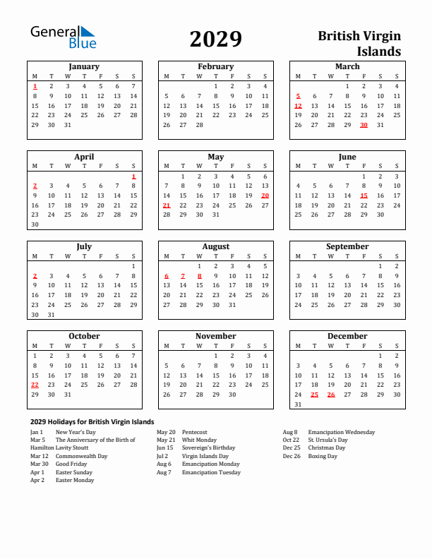 2029 British Virgin Islands Holiday Calendar - Monday Start