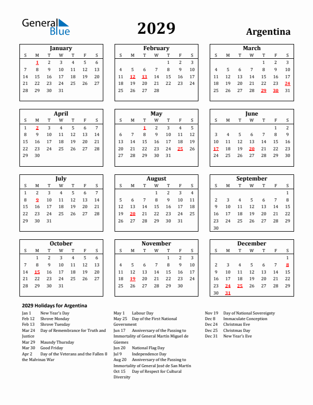 2029 Argentina Holiday Calendar - Sunday Start