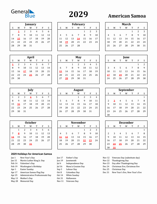 2029 American Samoa Holiday Calendar - Sunday Start
