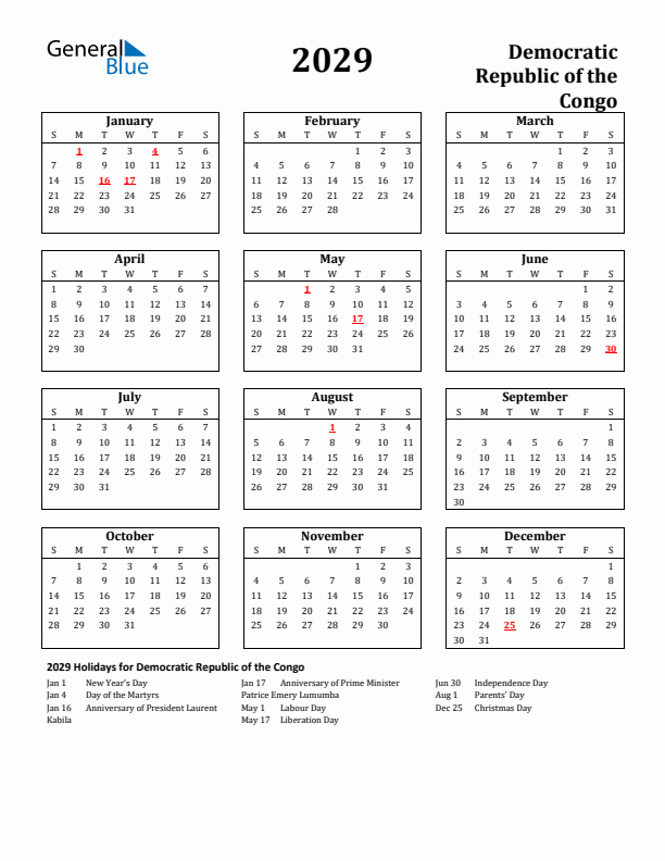 2029 Democratic Republic of the Congo Holiday Calendar - Sunday Start