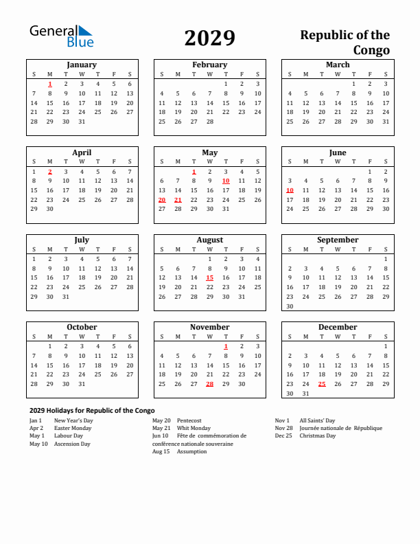 2029 Republic of the Congo Holiday Calendar - Sunday Start
