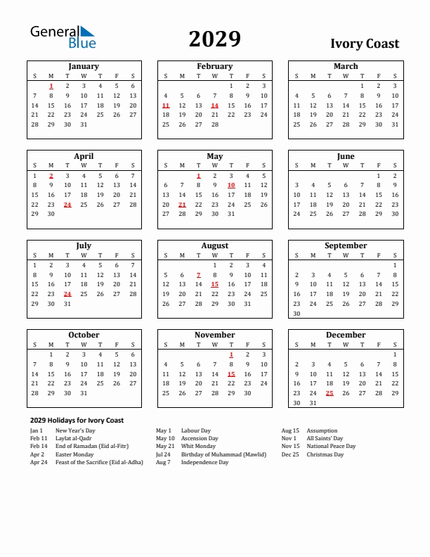 2029 Ivory Coast Holiday Calendar - Sunday Start