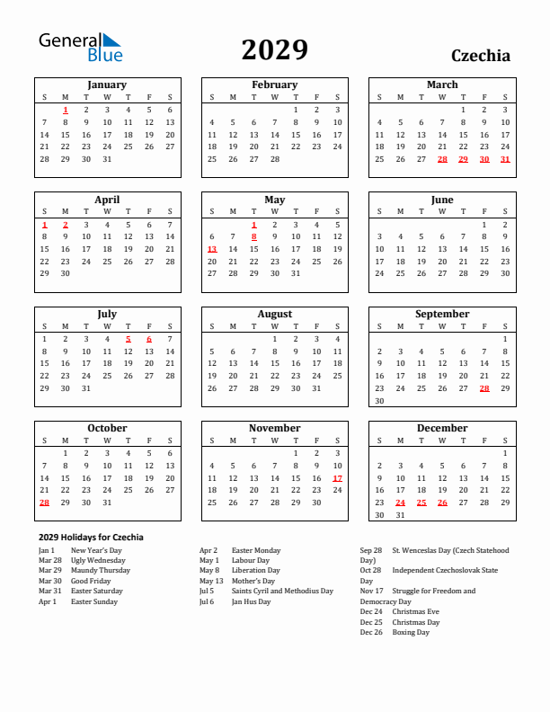 2029 Czechia Holiday Calendar - Sunday Start