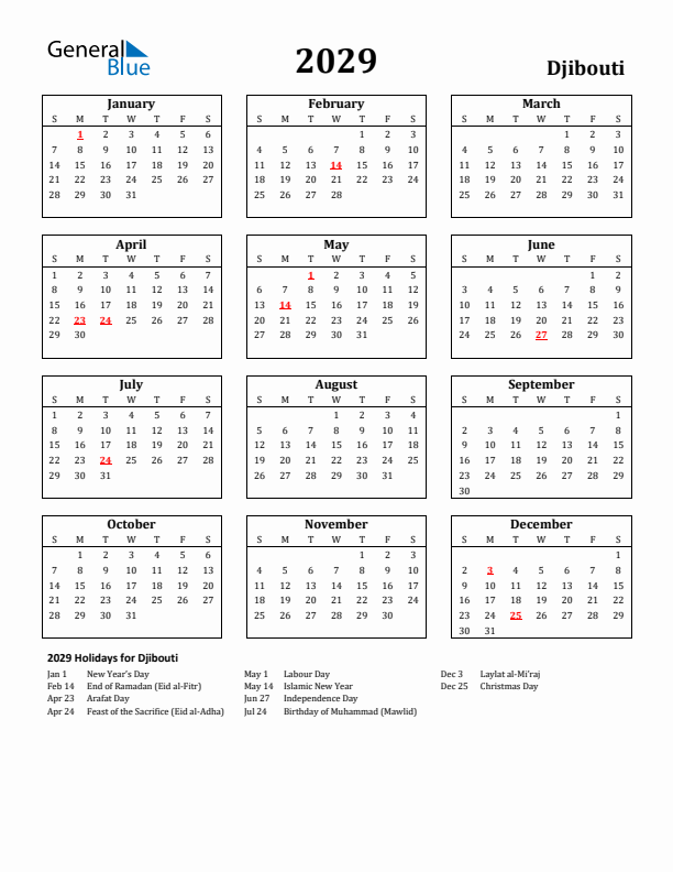 2029 Djibouti Holiday Calendar - Sunday Start