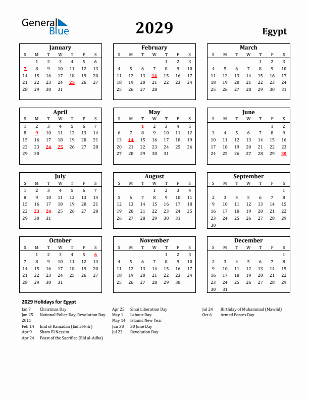 2029 Egypt Holiday Calendar - Sunday Start