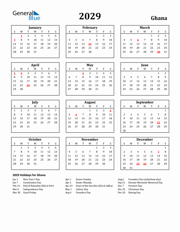 2029 Ghana Holiday Calendar - Sunday Start