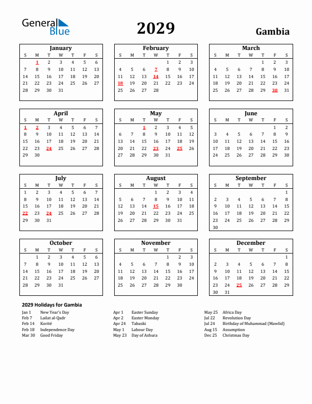 2029 Gambia Holiday Calendar - Sunday Start