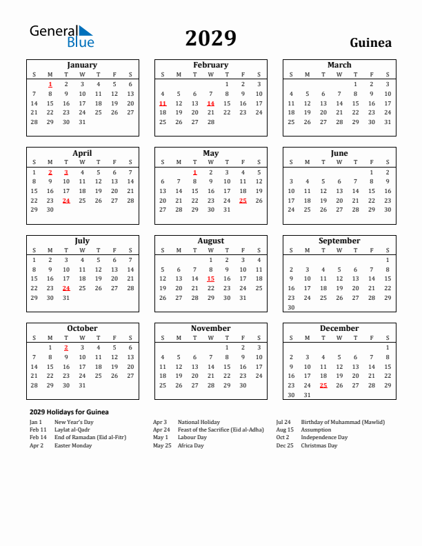 2029 Guinea Holiday Calendar - Sunday Start