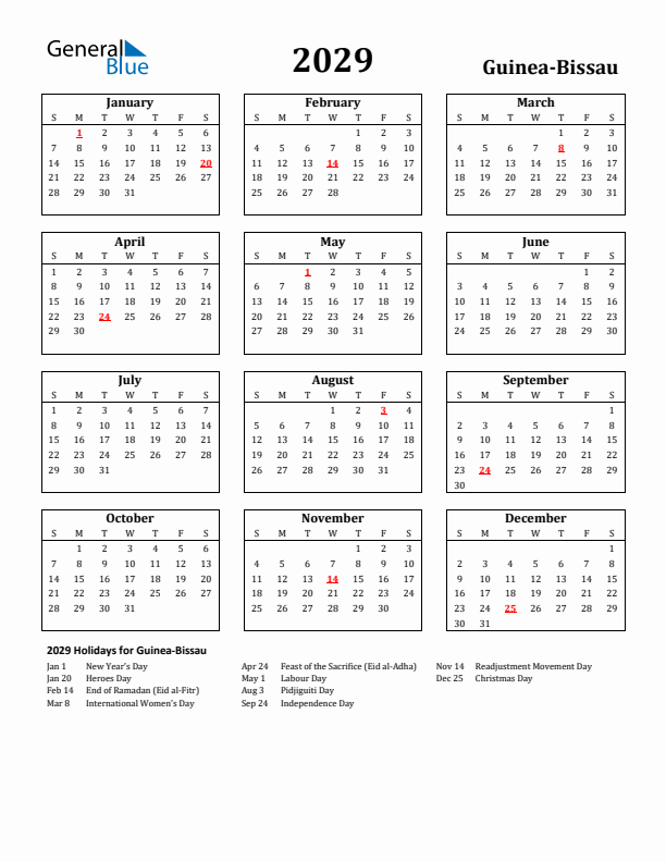 2029 Guinea-Bissau Holiday Calendar - Sunday Start