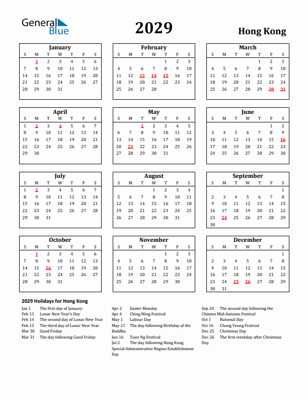 2029 Hong Kong Holiday Calendar - Sunday Start