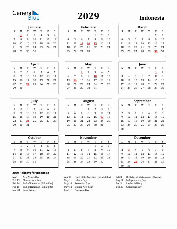 2029 Indonesia Holiday Calendar - Sunday Start