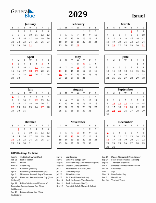 2029 Israel Holiday Calendar - Sunday Start