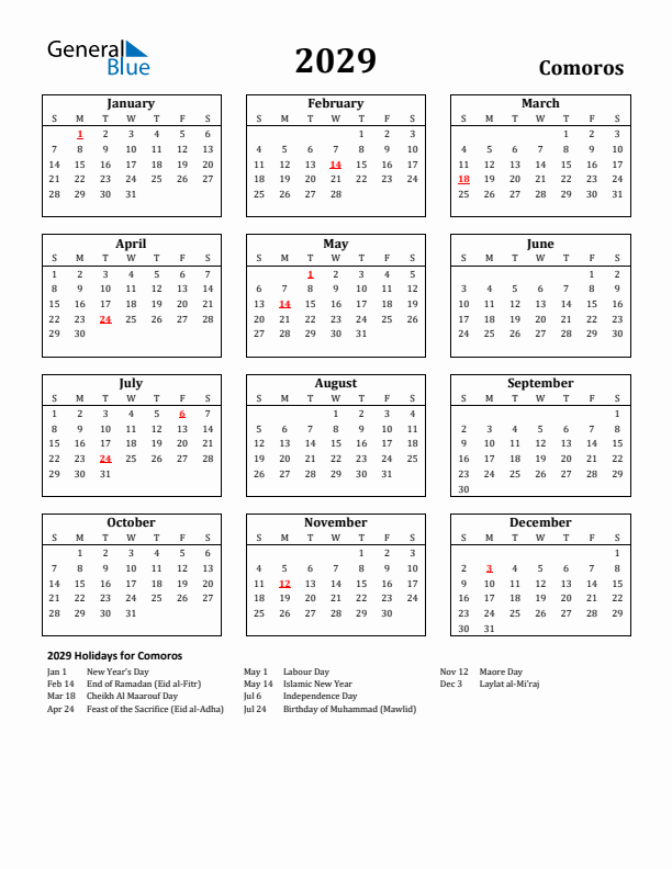 2029 Comoros Holiday Calendar - Sunday Start