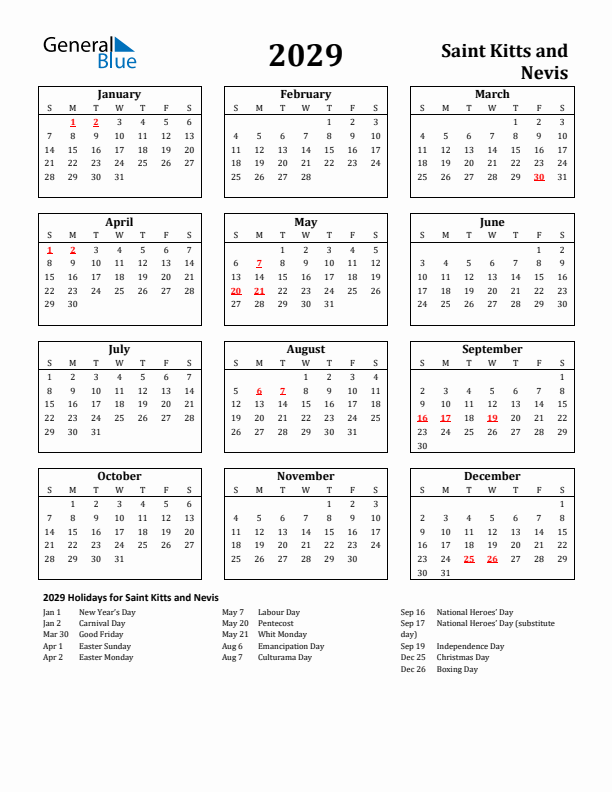 2029 Saint Kitts and Nevis Holiday Calendar - Sunday Start