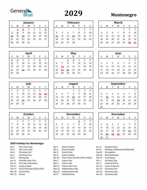 2029 Montenegro Holiday Calendar - Sunday Start