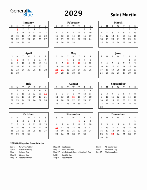 2029 Saint Martin Holiday Calendar - Sunday Start