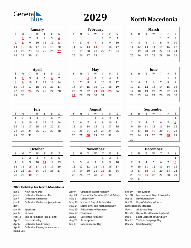 2029 North Macedonia Holiday Calendar - Sunday Start