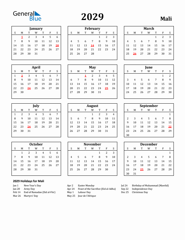 2029 Mali Holiday Calendar - Sunday Start