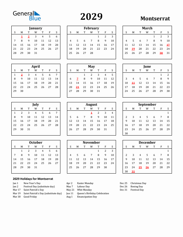 2029 Montserrat Holiday Calendar - Sunday Start